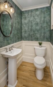 Powder room with biophilic wallpaper.