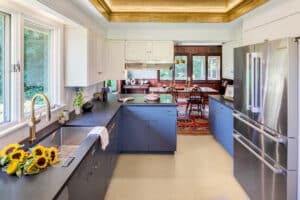 Marmoleum resilient flooring in retro kitchen
