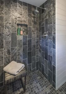 2013 bathroom design with black stone tile and shiplap