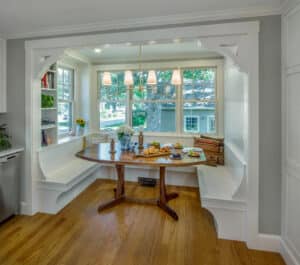 inside the custom breakfast nook for this home renovations in rhode island