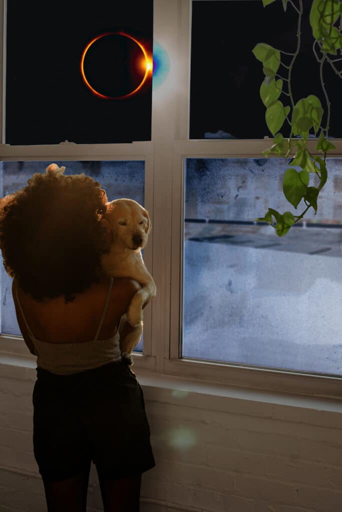 A woman holding a puppy looking out of a tinted window at a solar eclipse
