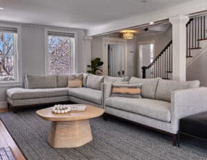 plush seating in new living room in nuetral grays