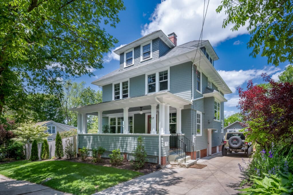 blue home exterior craftsman home - Comprehensive whoe house remodel and historic home restoration of a classic craftsman home in North Kingstown RI
